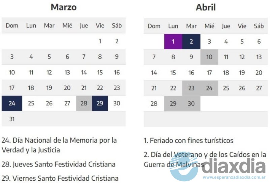 Calendario con feriados publicado por Ministerio del Interior