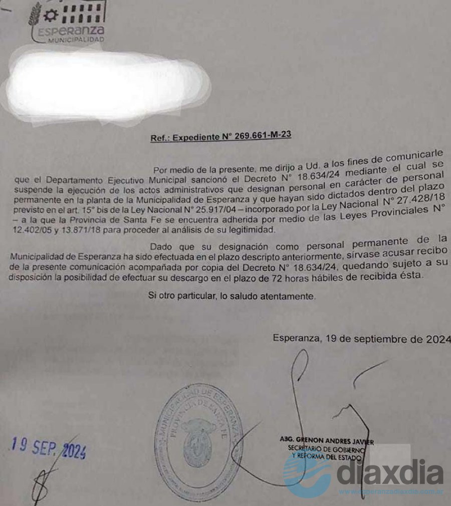 La nota que recibieron los empleados municipales que dejaron de pertenecer a la planta permanente - Edxd