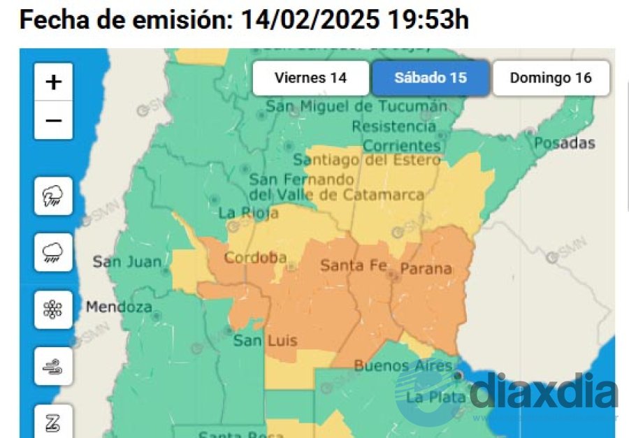 La zona de tormentas con alertas de diferente intensidad para la noche de este viernes y la madrugada del sábado - Fuente SMN