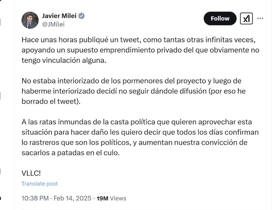 El tuit de Milei tras eliminar el mensaje promocional de $Libra -